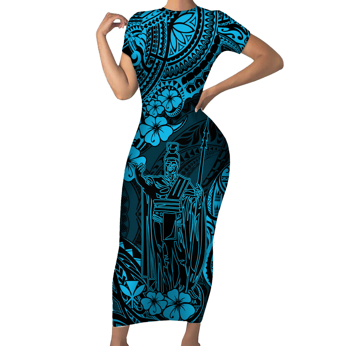 Hawaii King Kamehameha Short Sleeve Bodycon Dress Polynesian Pattern Sky Blue Version LT01 Long Dress Blue - Polynesian Pride