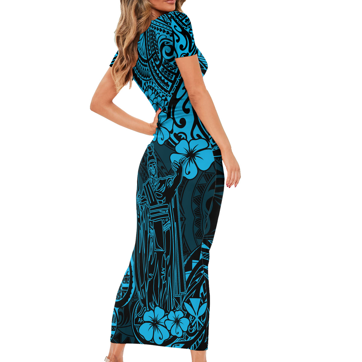 Hawaii King Kamehameha Short Sleeve Bodycon Dress Polynesian Pattern Sky Blue Version LT01 - Polynesian Pride
