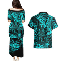 Hawaii King Kamehameha Couples Matching Puletasi Dress and Hawaiian Shirt Polynesian Pattern Turquoise Version LT01 - Polynesian Pride