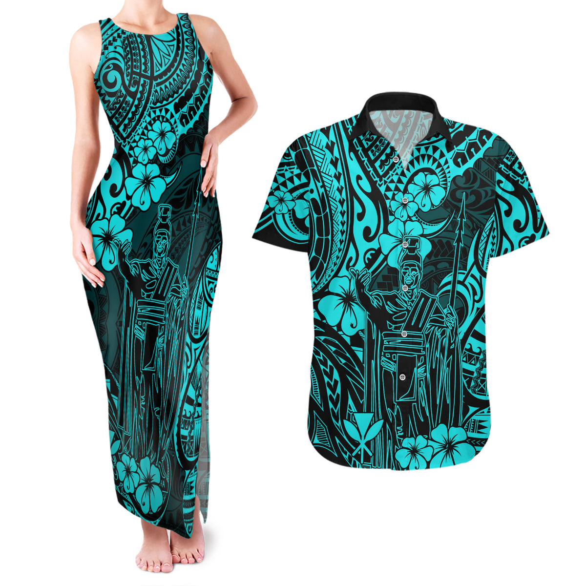 Hawaii King Kamehameha Couples Matching Tank Maxi Dress and Hawaiian Shirt Polynesian Pattern Turquoise Version LT01 Turquoise - Polynesian Pride