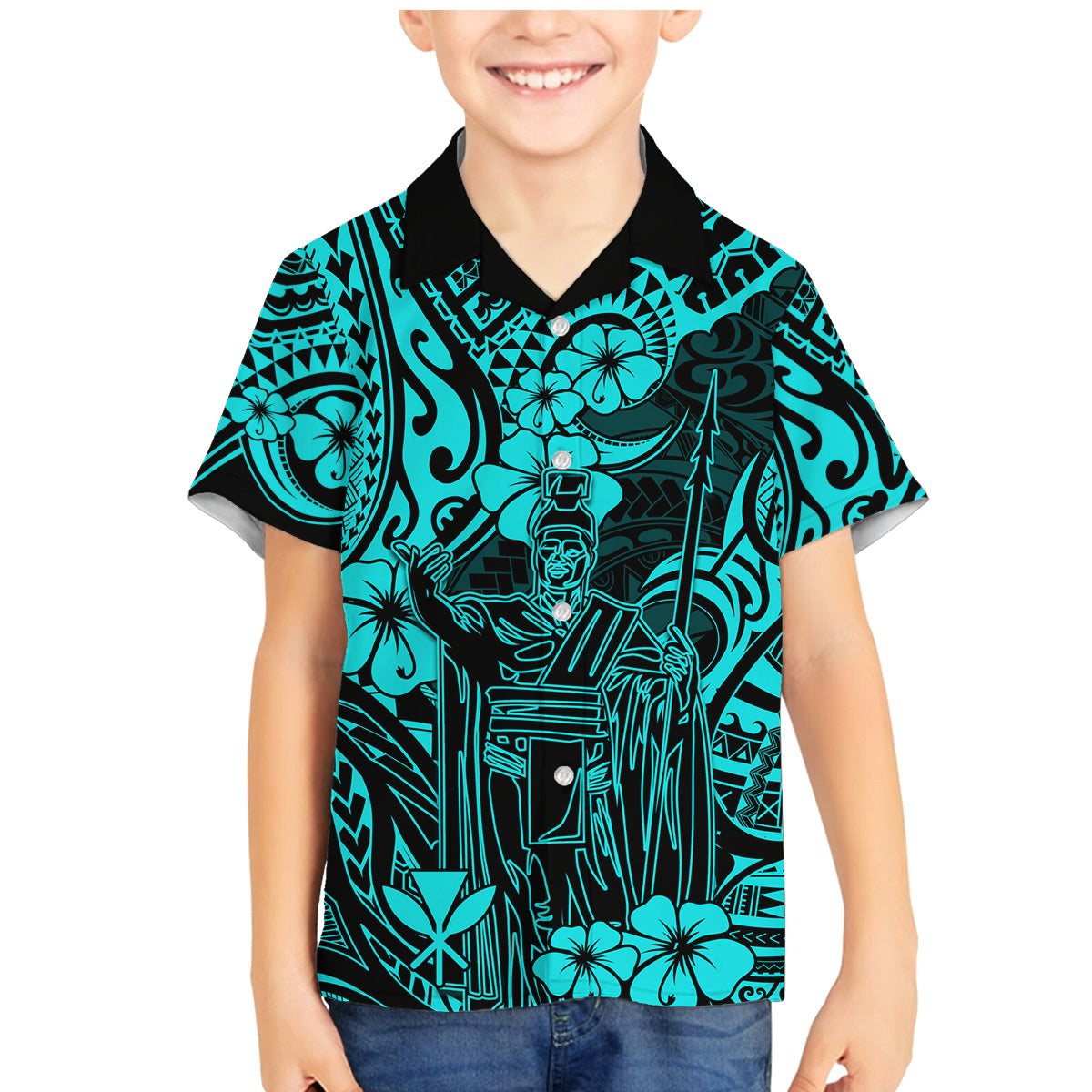 Hawaii King Kamehameha Family Matching Mermaid Dress and Hawaiian Shirt Polynesian Pattern Turquoise Version LT01 Son's Shirt Turquoise - Polynesian Pride