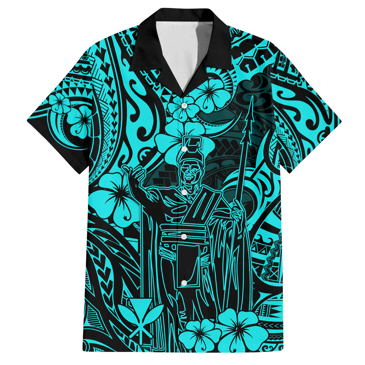 Hawaii King Kamehameha Family Matching Off Shoulder Maxi Dress and Hawaiian Shirt Polynesian Pattern Turquoise Version LT01 Dad's Shirt - Short Sleeve Turquoise - Polynesian Pride