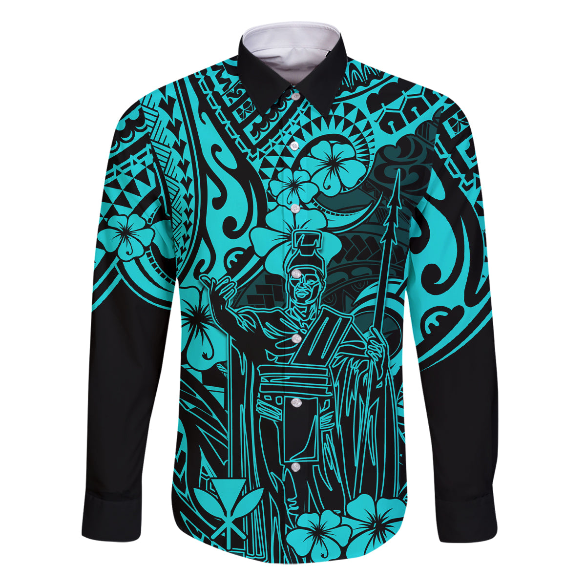 Hawaii King Kamehameha Family Matching Puletasi Dress and Hawaiian Shirt Polynesian Pattern Turquoise Version LT01 Dad's Shirt - Long Sleeve Turquoise - Polynesian Pride