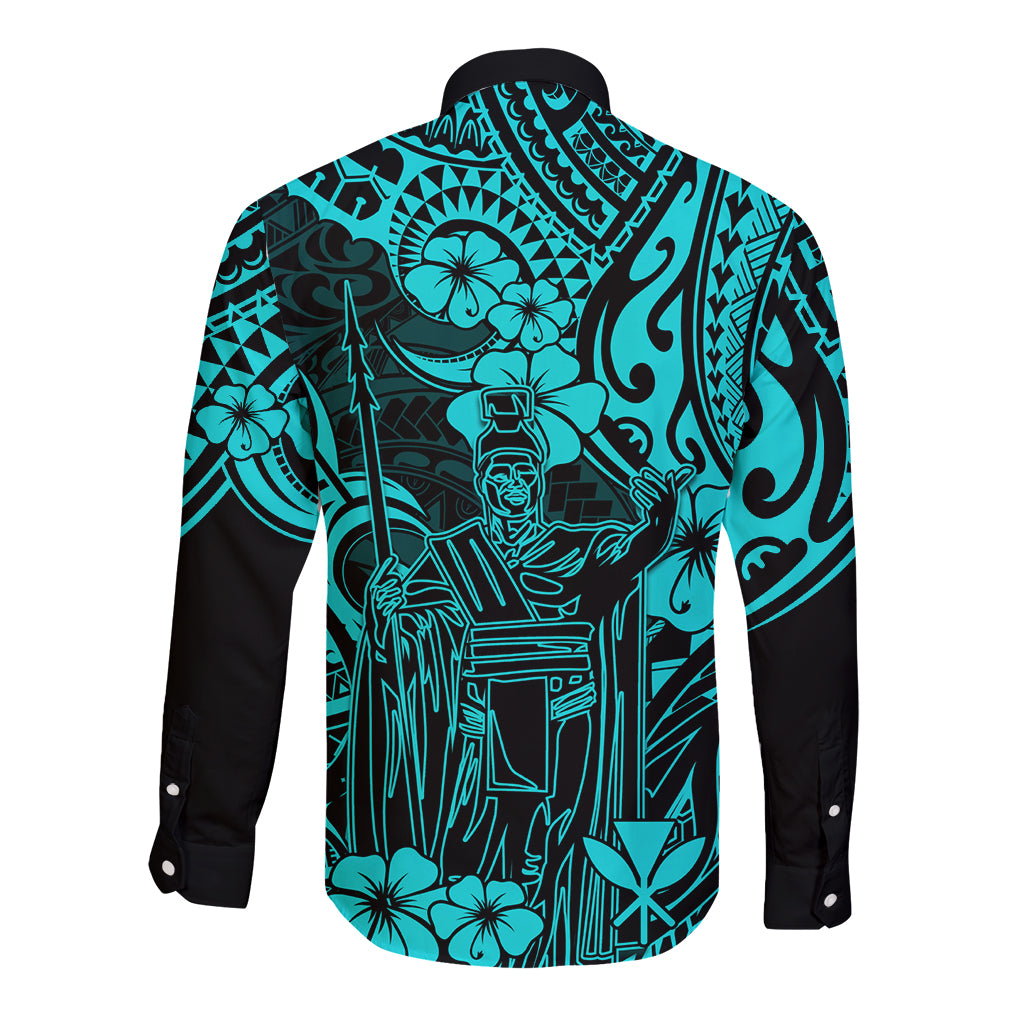 Hawaii King Kamehameha Long Sleeve Button Shirt Polynesian Pattern Turquoise Version LT01 - Polynesian Pride