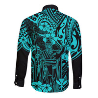 Hawaii King Kamehameha Long Sleeve Button Shirt Polynesian Pattern Turquoise Version LT01 - Polynesian Pride