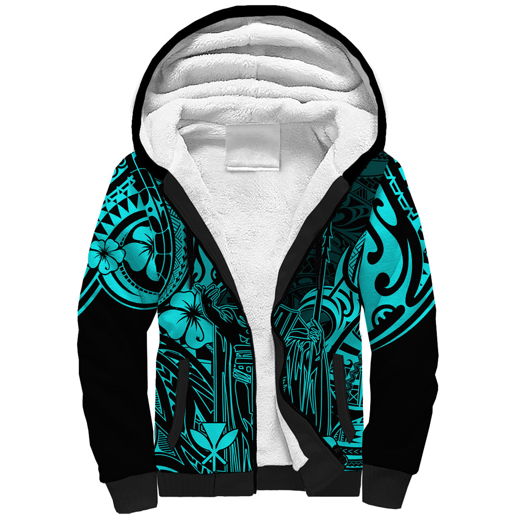 Hawaii King Kamehameha Sherpa Hoodie Polynesian Pattern Turquoise Version LT01 Unisex Turquoise - Polynesian Pride