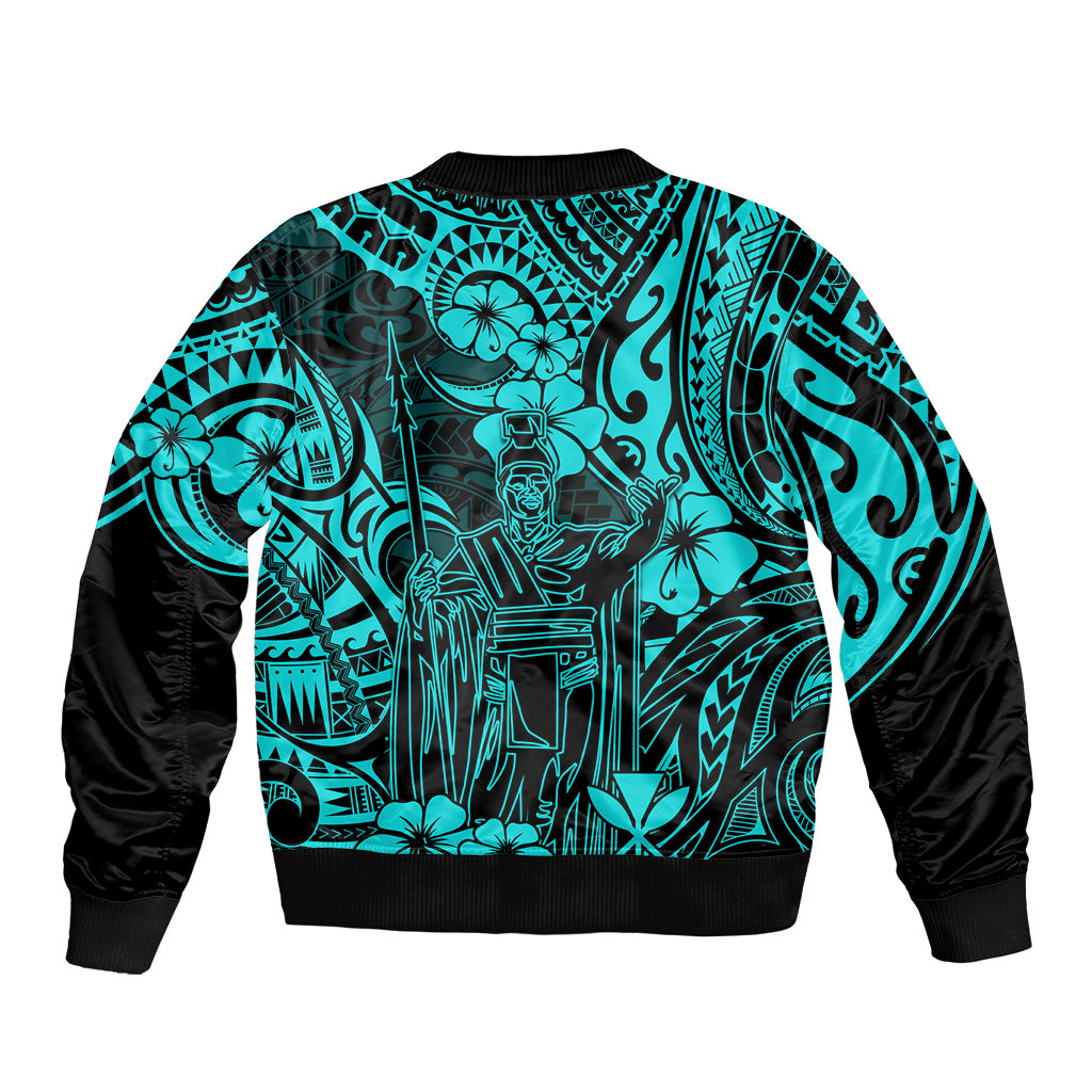 Hawaii King Kamehameha Sleeve Zip Bomber Jacket Polynesian Pattern Turquoise Version LT01 - Polynesian Pride