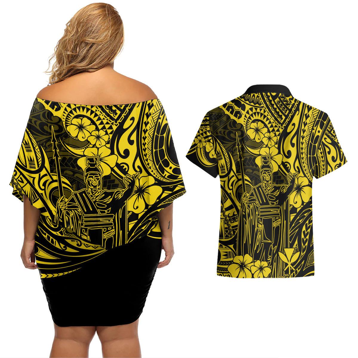 Hawaii King Kamehameha Couples Matching Off Shoulder Short Dress and Hawaiian Shirt Polynesian Pattern Yellow Version LT01 - Polynesian Pride