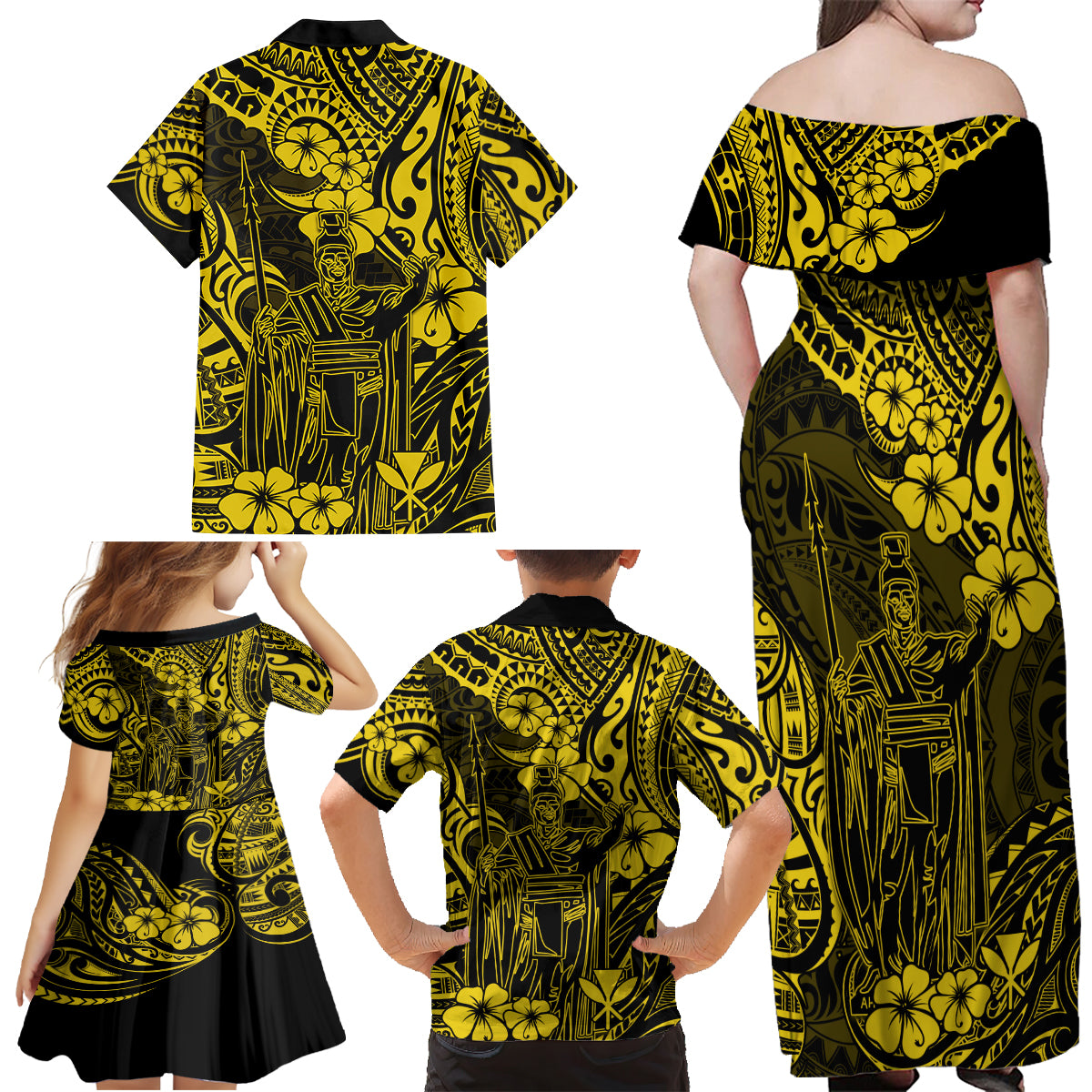Hawaii King Kamehameha Family Matching Off Shoulder Maxi Dress and Hawaiian Shirt Polynesian Pattern Yellow Version LT01 - Polynesian Pride