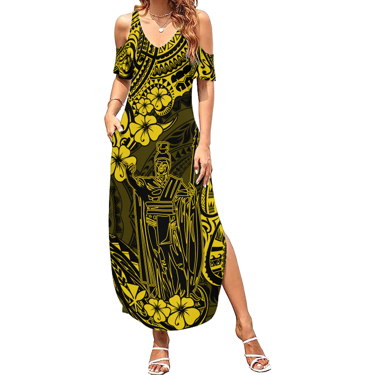 Hawaii King Kamehameha Family Matching Summer Maxi Dress and Hawaiian Shirt Polynesian Pattern Yellow Version LT01 Mom's Dress Yellow - Polynesian Pride