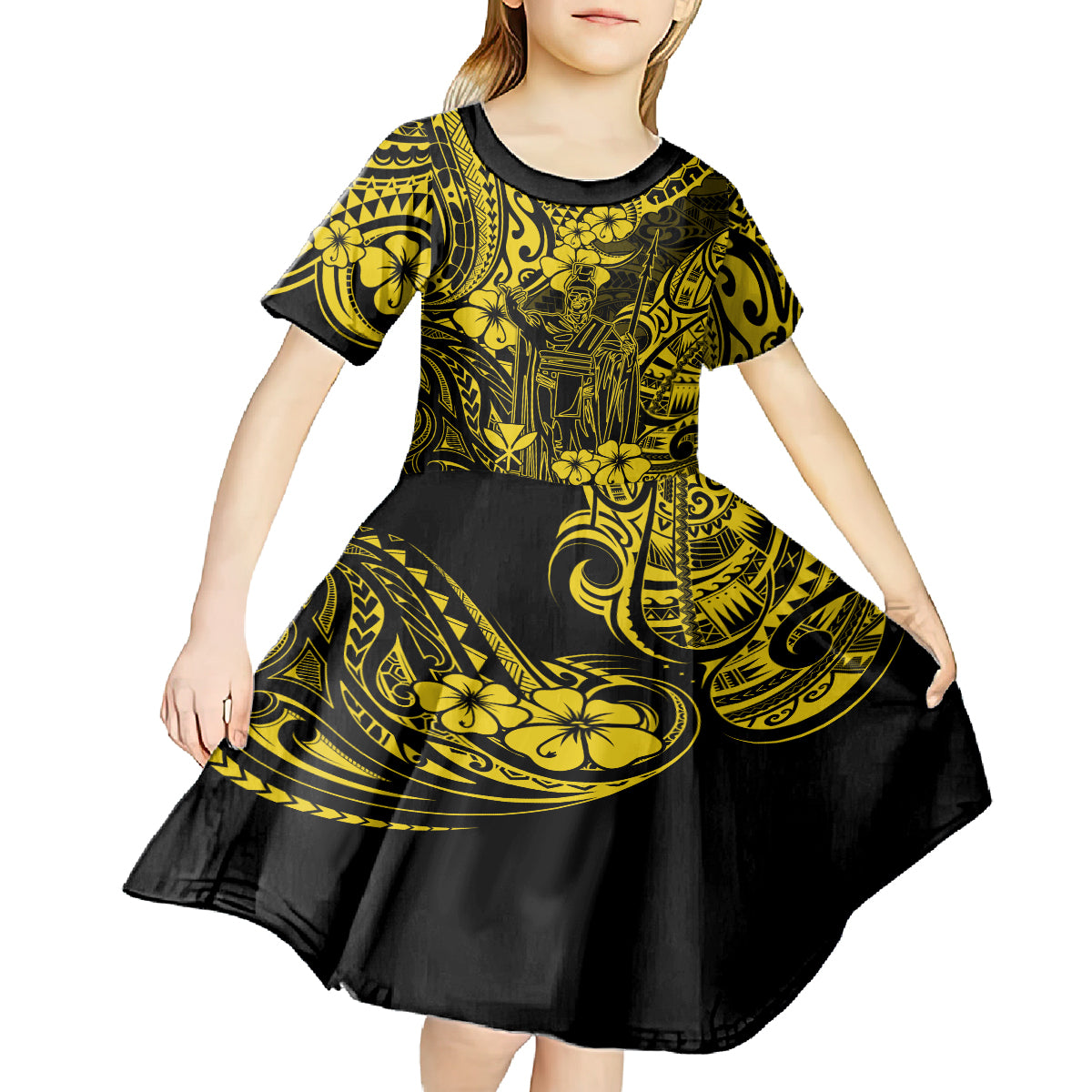 Hawaii King Kamehameha Kid Short Sleeve Dress Polynesian Pattern Yellow Version LT01 - Polynesian Pride
