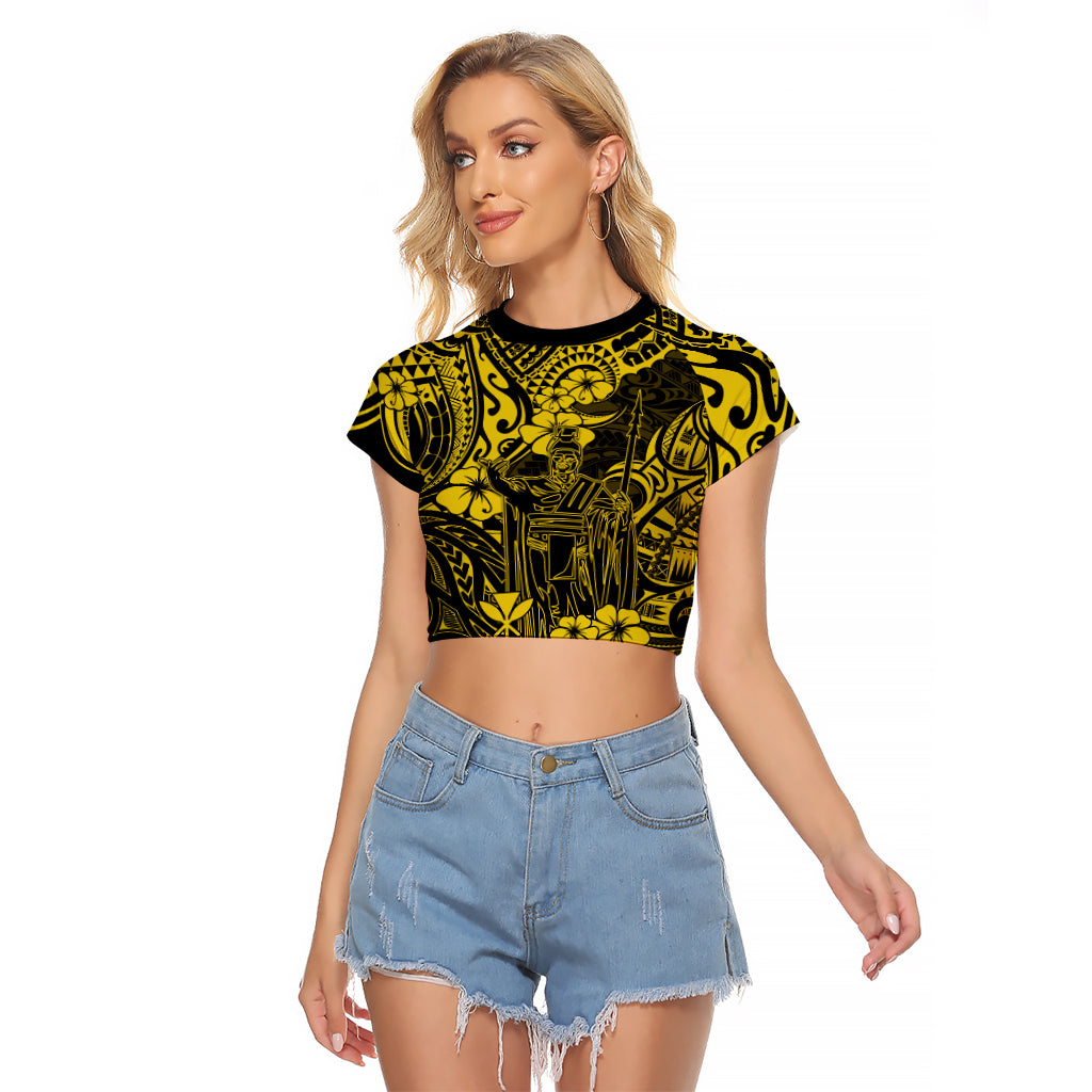 Hawaii King Kamehameha Raglan Cropped T Shirt Polynesian Pattern Yellow Version LT01 Female Yellow - Polynesian Pride