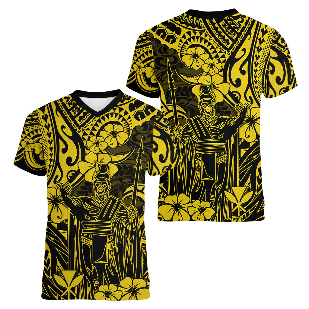 Hawaii King Kamehameha Women V Neck T Shirt Polynesian Pattern Yellow Version LT01 - Polynesian Pride