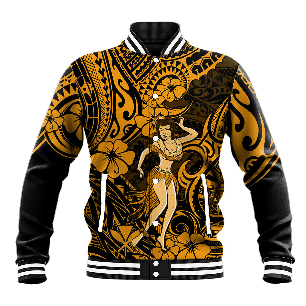Hawaii Hula Girl Baseball Jacket Polynesian Pattern Gold Version LT01 Unisex Gold - Polynesian Pride
