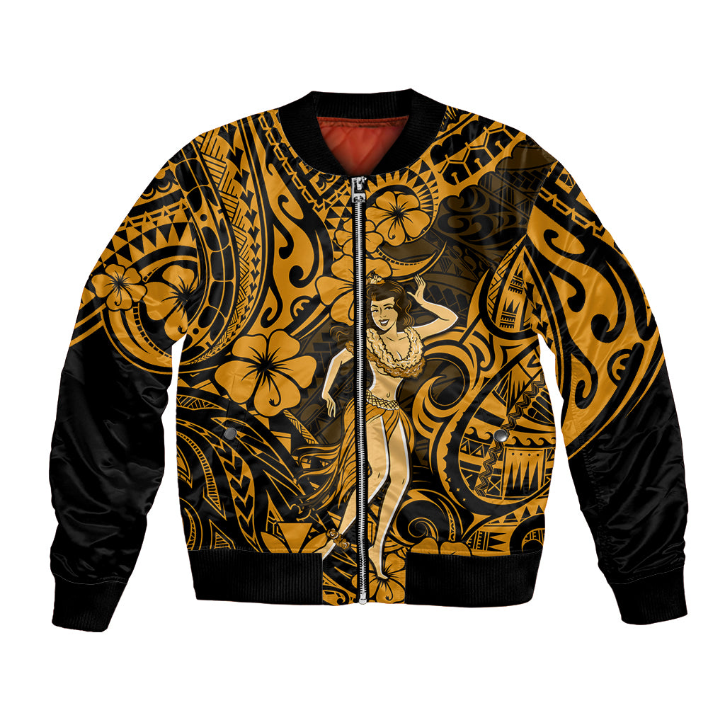 Hawaii Hula Girl Bomber Jacket Polynesian Pattern Gold Version LT01 Unisex Gold - Polynesian Pride