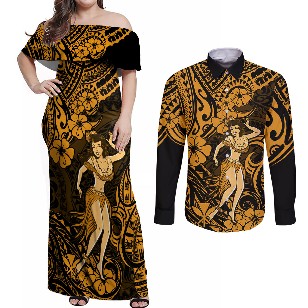 Hawaii Hula Girl Couples Matching Off Shoulder Maxi Dress and Long Sleeve Button Shirts Polynesian Pattern Gold Version LT01 Gold - Polynesian Pride