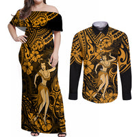 Hawaii Hula Girl Couples Matching Off Shoulder Maxi Dress and Long Sleeve Button Shirts Polynesian Pattern Gold Version LT01 Gold - Polynesian Pride