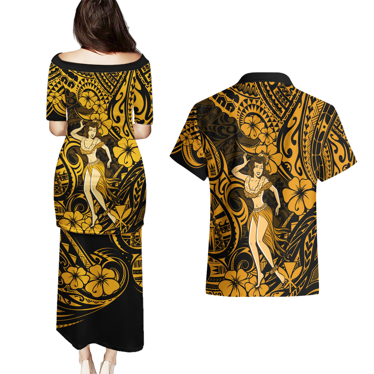 Hawaii Hula Girl Couples Matching Puletasi Dress and Hawaiian Shirt Polynesian Pattern Gold Version LT01 - Polynesian Pride