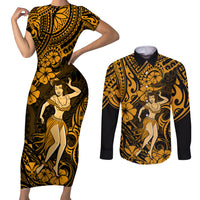 Hawaii Hula Girl Couples Matching Short Sleeve Bodycon Dress and Long Sleeve Button Shirts Polynesian Pattern Gold Version LT01 Gold - Polynesian Pride