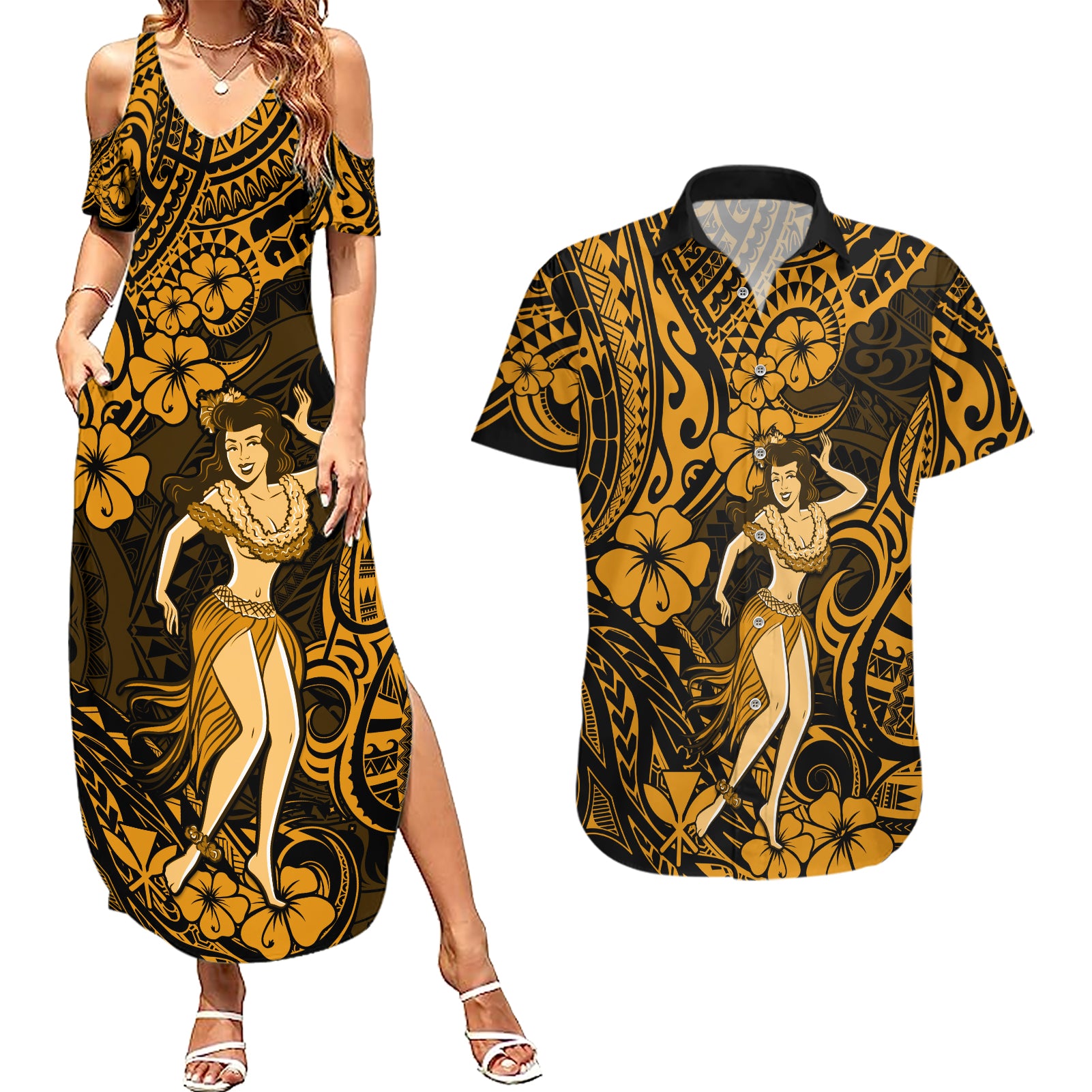 Hawaii Hula Girl Couples Matching Summer Maxi Dress and Hawaiian Shirt Polynesian Pattern Gold Version LT01 Gold - Polynesian Pride