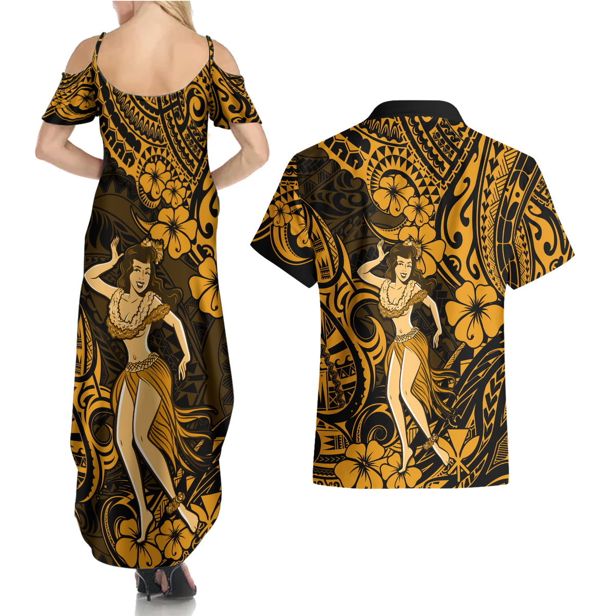 Hawaii Hula Girl Couples Matching Summer Maxi Dress and Hawaiian Shirt Polynesian Pattern Gold Version LT01 - Polynesian Pride