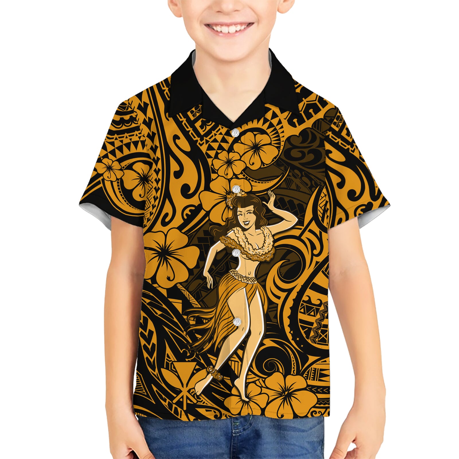 Hawaii Hula Girl Kid Hawaiian Shirt Polynesian Pattern Gold Version LT01 Kid Gold - Polynesian Pride