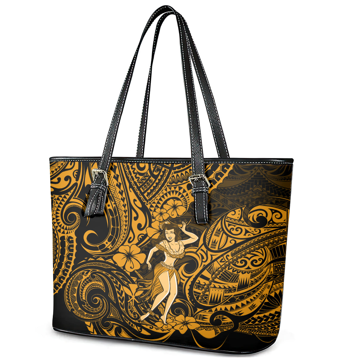 Hawaii Hula Girl Leather Tote Bag Polynesian Pattern Gold Version LT01 - Polynesian Pride