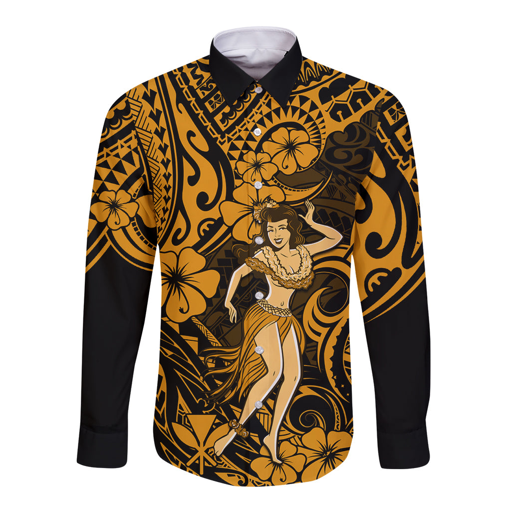 Hawaii Hula Girl Long Sleeve Button Shirt Polynesian Pattern Gold Version LT01 Unisex Gold - Polynesian Pride