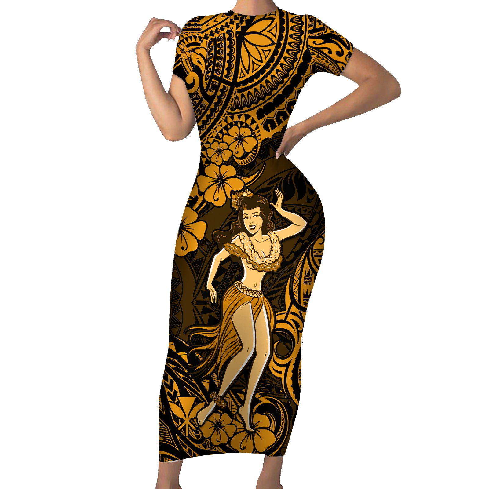 Hawaii Hula Girl Short Sleeve Bodycon Dress Polynesian Pattern Gold Version LT01 Long Dress Gold - Polynesian Pride