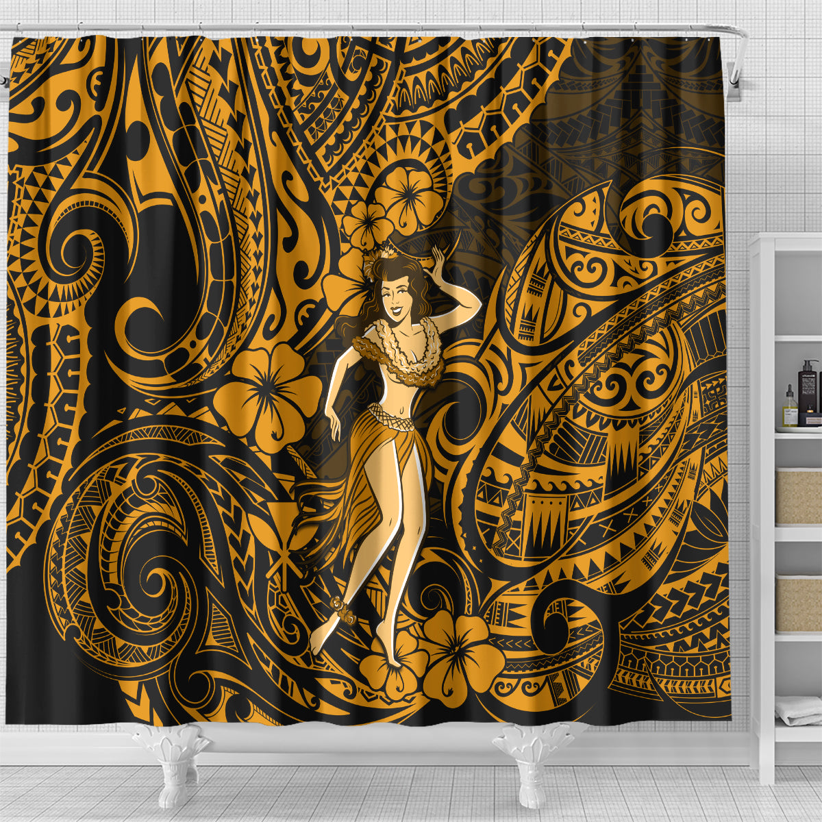 Hawaii Hula Girl Shower Curtain Polynesian Pattern Gold Version LT01 - Polynesian Pride