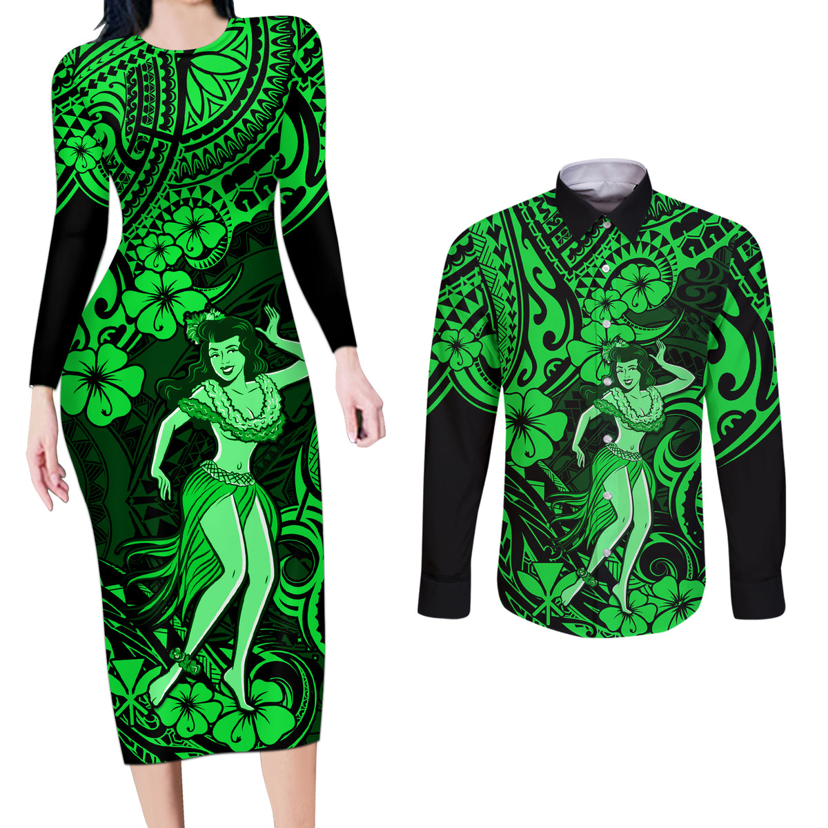 Hawaii Hula Girl Couples Matching Long Sleeve Bodycon Dress and Long Sleeve Button Shirts Polynesian Pattern Green Version LT01 Green - Polynesian Pride