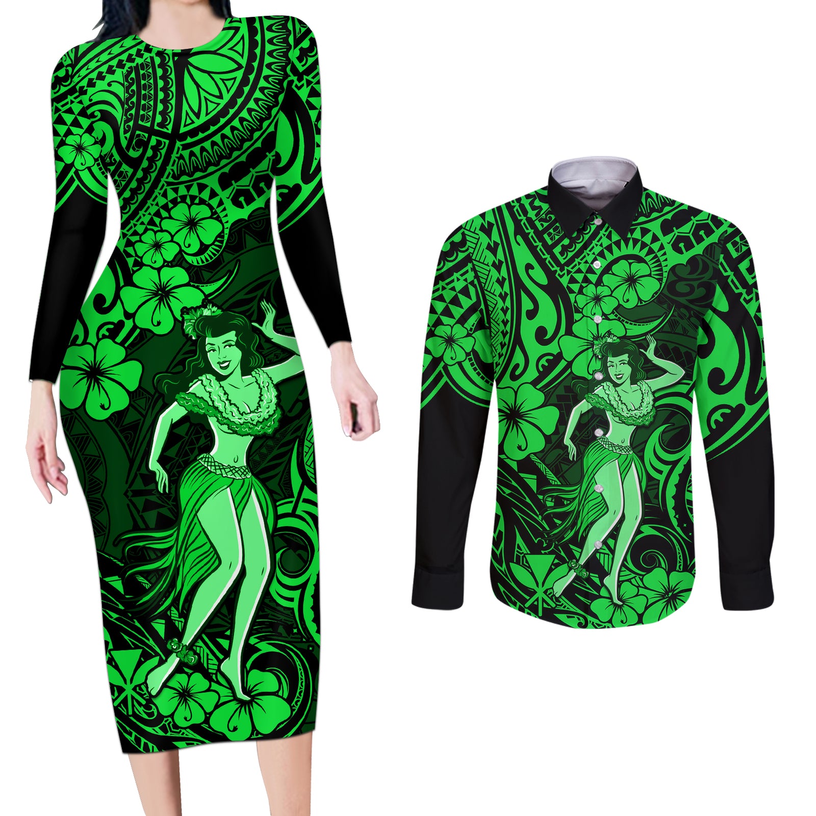 Hawaii Hula Girl Couples Matching Long Sleeve Bodycon Dress and Long Sleeve Button Shirts Polynesian Pattern Green Version LT01 Green - Polynesian Pride