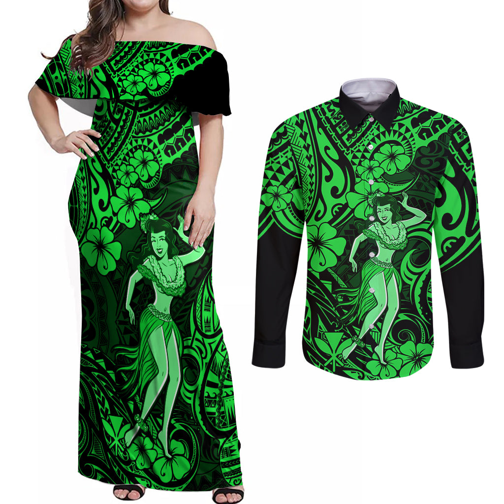 Hawaii Hula Girl Couples Matching Off Shoulder Maxi Dress and Long Sleeve Button Shirts Polynesian Pattern Green Version LT01 Green - Polynesian Pride