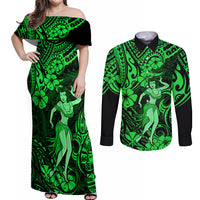 Hawaii Hula Girl Couples Matching Off Shoulder Maxi Dress and Long Sleeve Button Shirts Polynesian Pattern Green Version LT01 Green - Polynesian Pride
