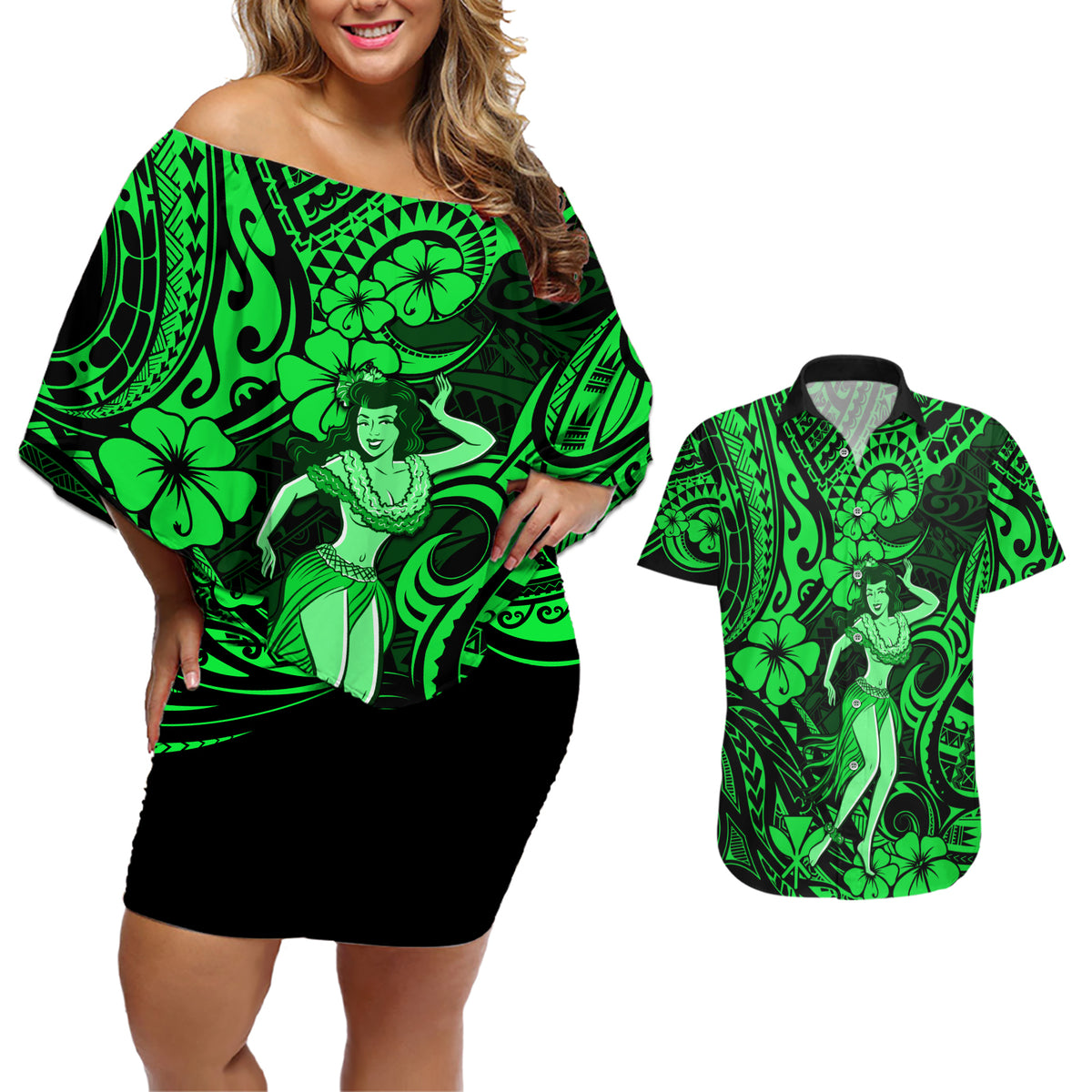 Hawaii Hula Girl Couples Matching Off Shoulder Short Dress and Hawaiian Shirt Polynesian Pattern Green Version LT01 Green - Polynesian Pride