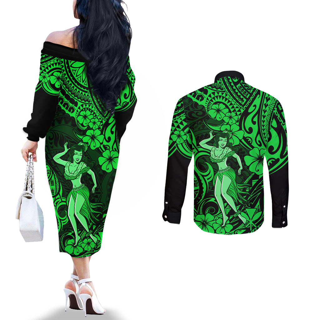 Hawaii Hula Girl Couples Matching Off The Shoulder Long Sleeve Dress and Long Sleeve Button Shirts Polynesian Pattern Green Version LT01 - Polynesian Pride