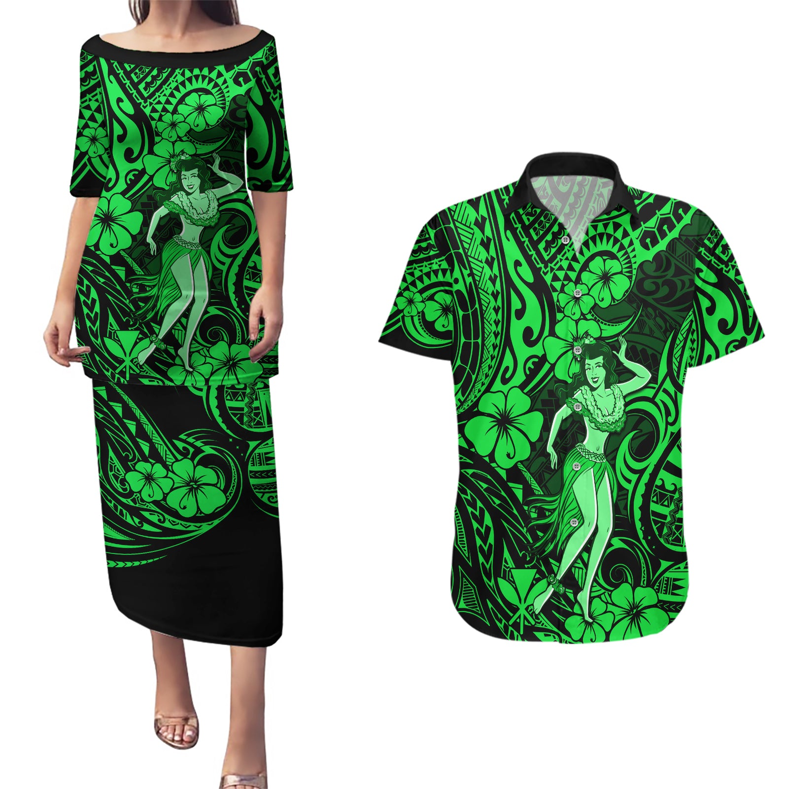 Hawaii Hula Girl Couples Matching Puletasi Dress and Hawaiian Shirt Polynesian Pattern Green Version LT01 Green - Polynesian Pride
