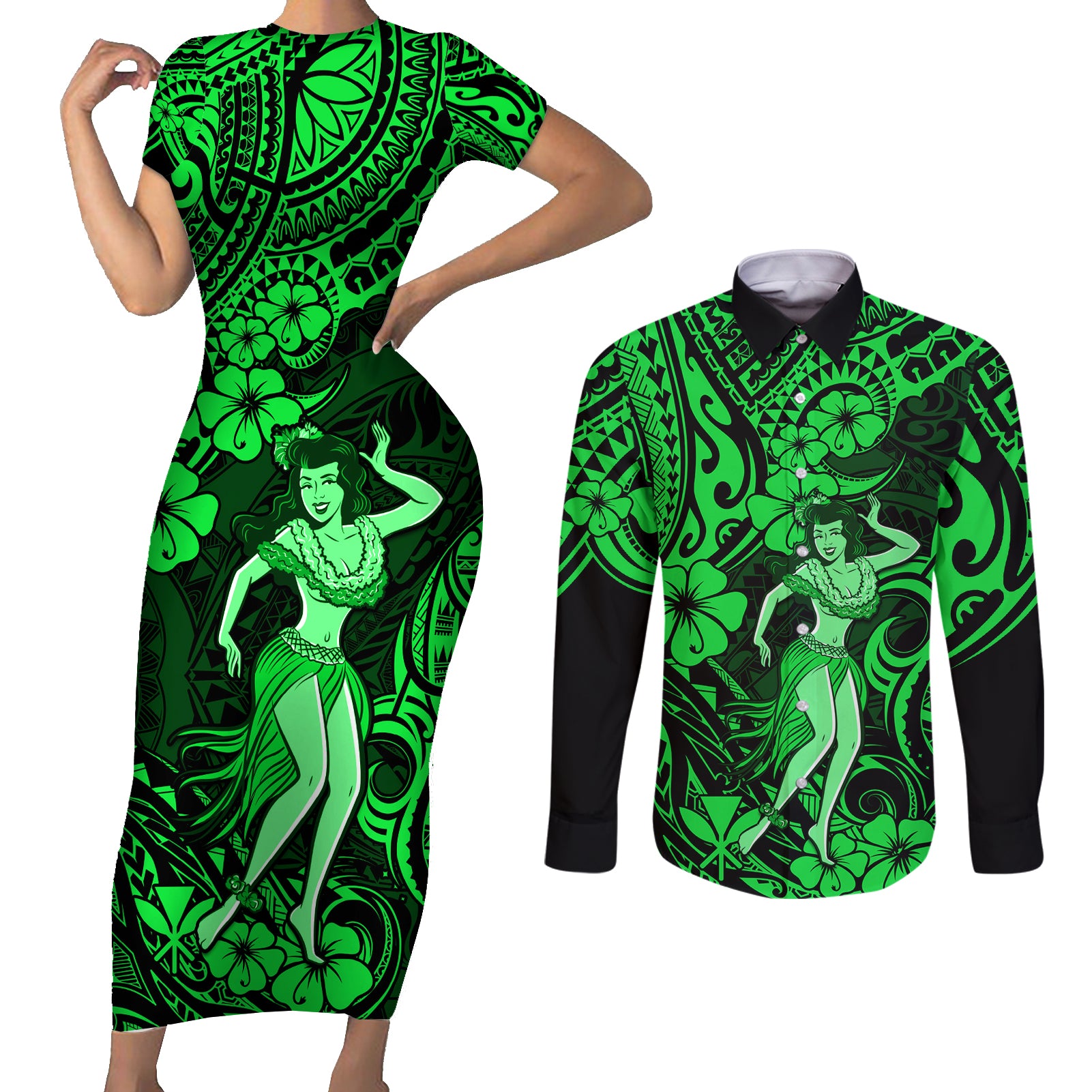 Hawaii Hula Girl Couples Matching Short Sleeve Bodycon Dress and Long Sleeve Button Shirts Polynesian Pattern Green Version LT01 Green - Polynesian Pride