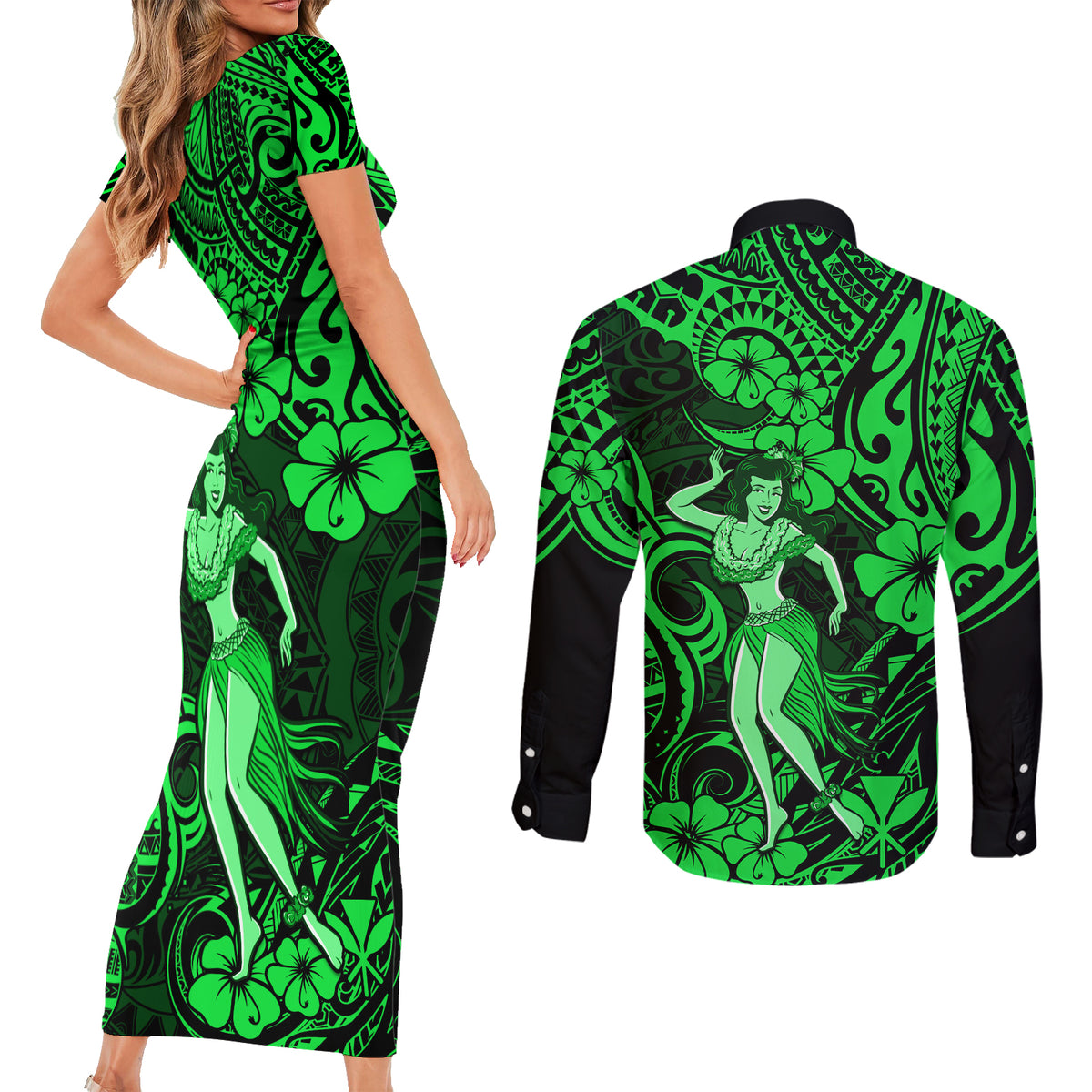 Hawaii Hula Girl Couples Matching Short Sleeve Bodycon Dress and Long Sleeve Button Shirts Polynesian Pattern Green Version LT01 - Polynesian Pride