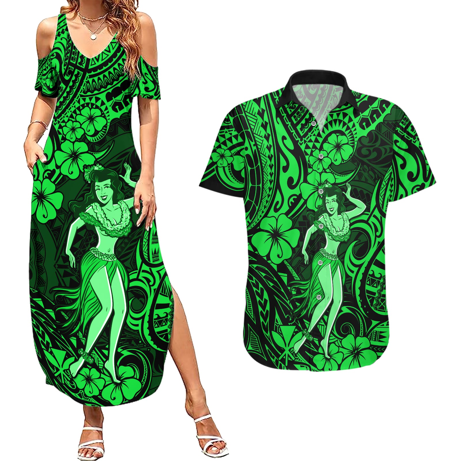 Hawaii Hula Girl Couples Matching Summer Maxi Dress and Hawaiian Shirt Polynesian Pattern Green Version LT01 Green - Polynesian Pride