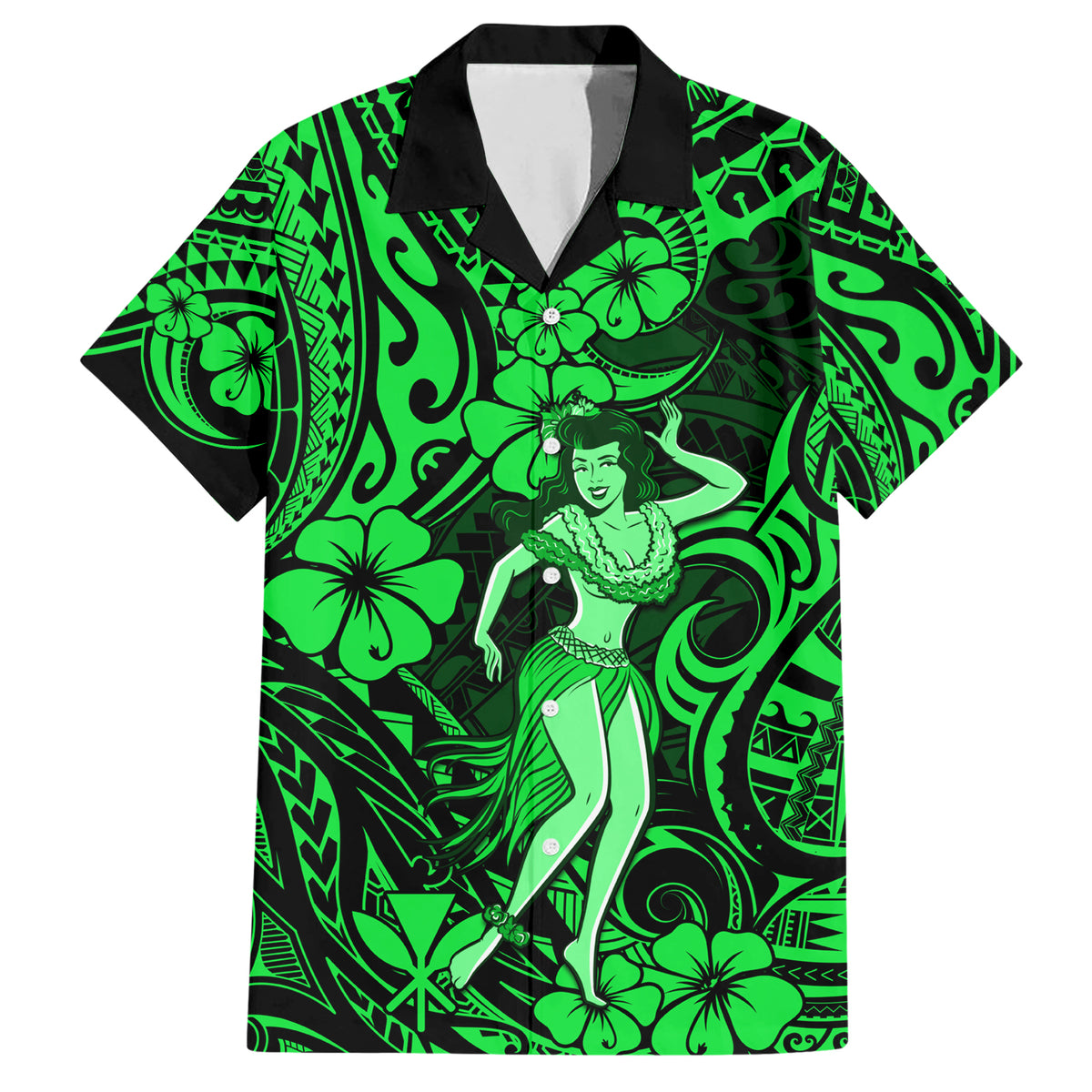 Hawaii Hula Girl Family Matching Short Sleeve Bodycon Dress and Hawaiian Shirt Polynesian Pattern Green Version LT01 Dad's Shirt - Short Sleeve Green - Polynesian Pride