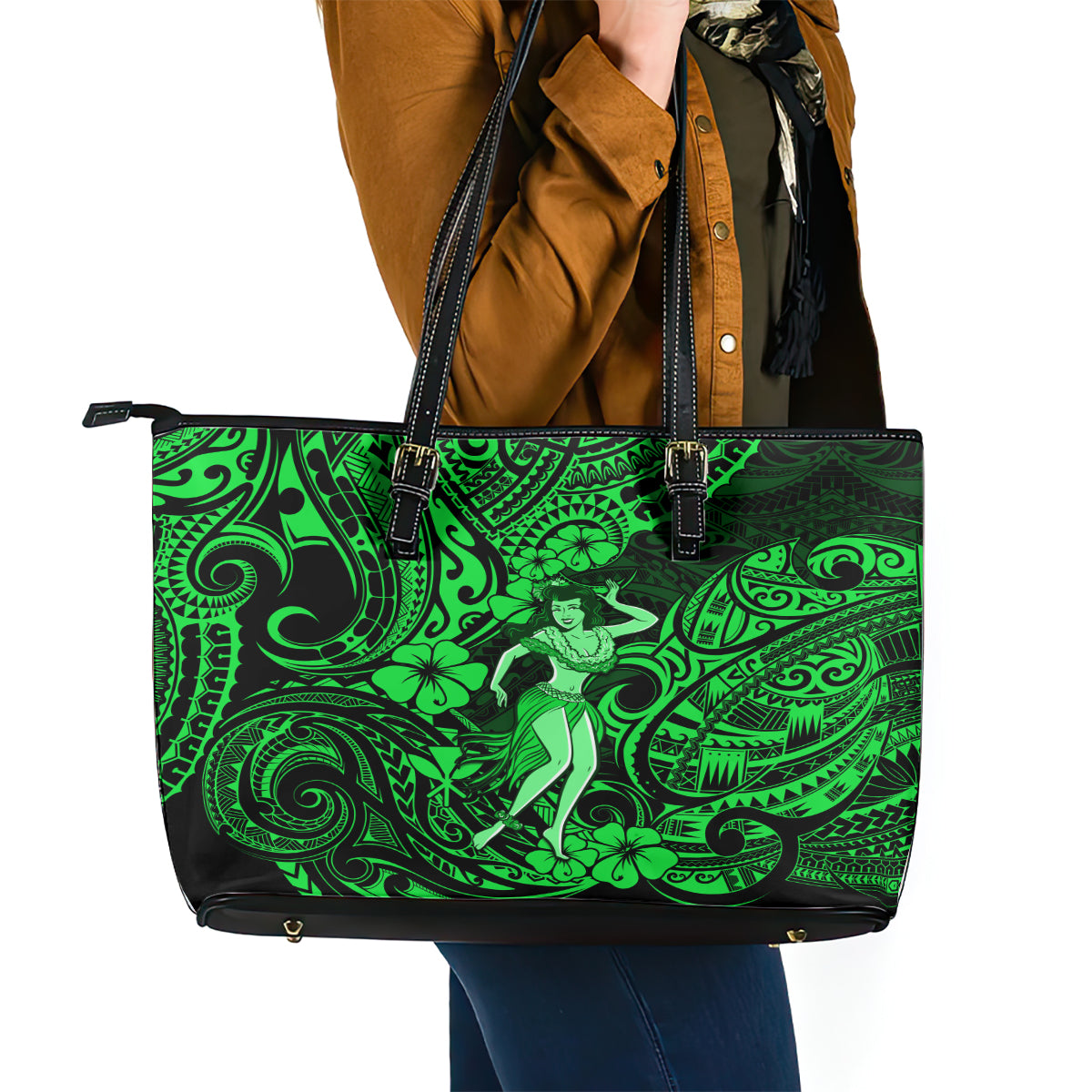 Hawaii Hula Girl Leather Tote Bag Polynesian Pattern Green Version LT01 - Polynesian Pride