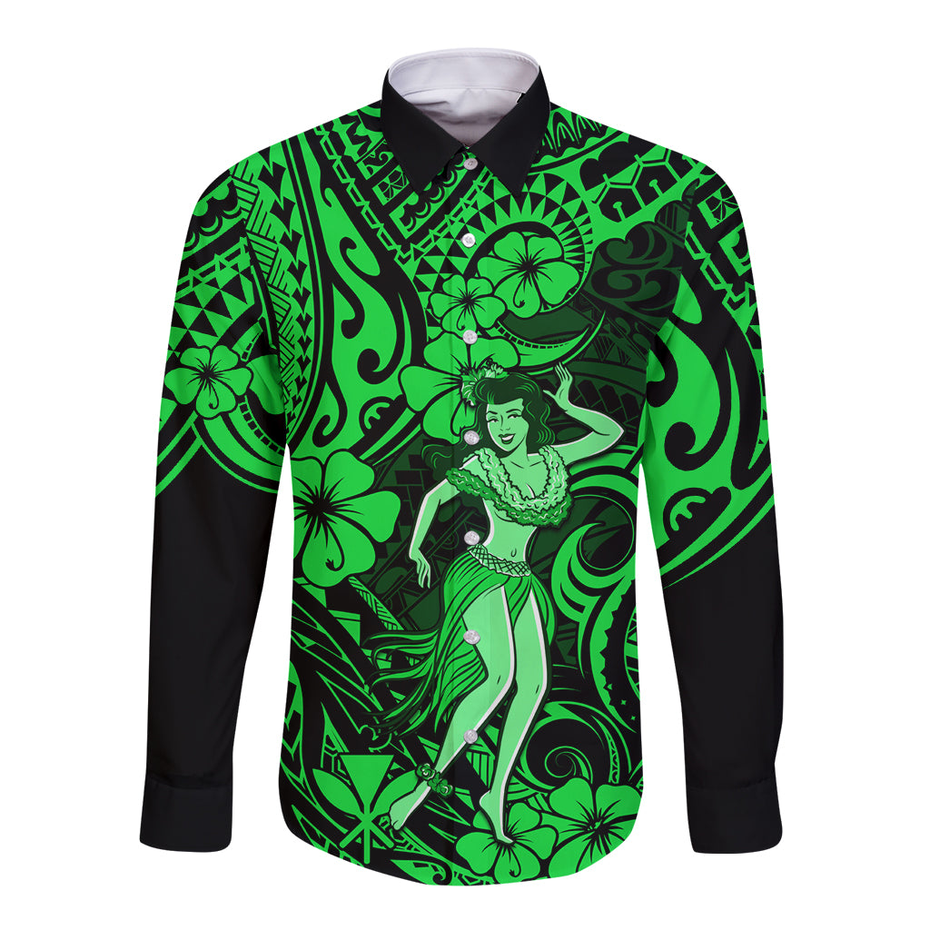 Hawaii Hula Girl Long Sleeve Button Shirt Polynesian Pattern Green Version LT01 Unisex Green - Polynesian Pride