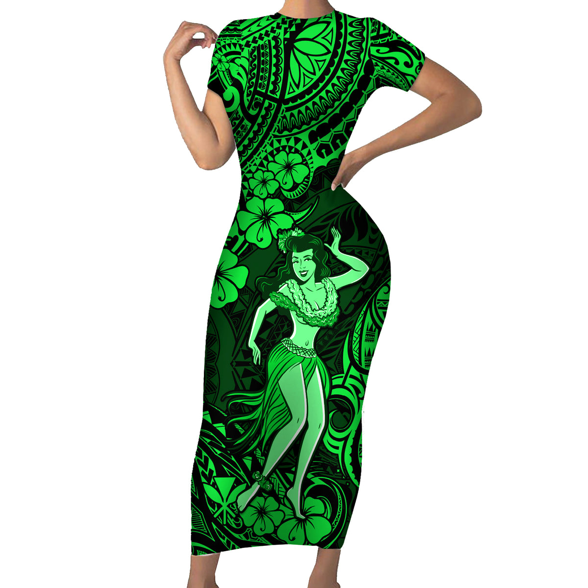 Hawaii Hula Girl Short Sleeve Bodycon Dress Polynesian Pattern Green Version LT01 Long Dress Green - Polynesian Pride