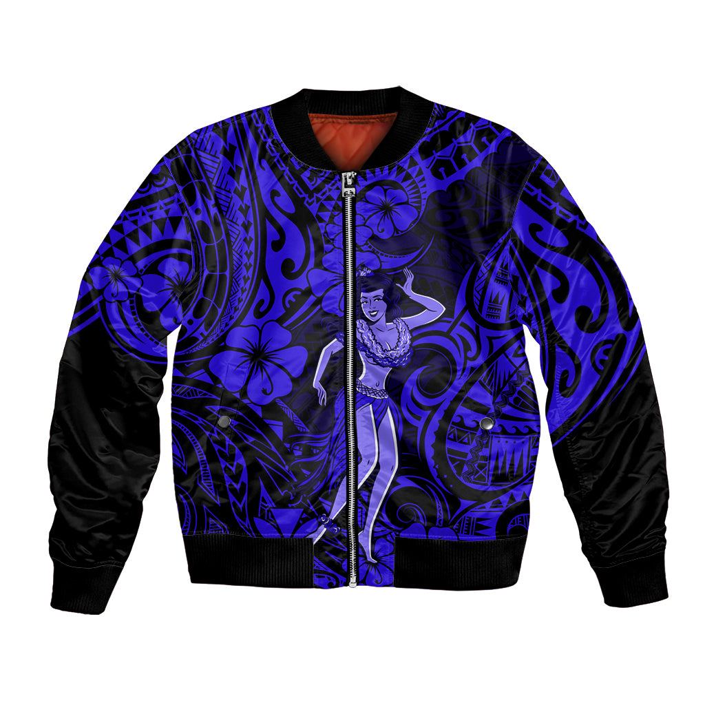 Hawaii Hula Girl Bomber Jacket Polynesian Pattern Navy Blue Version LT01 Unisex Blue - Polynesian Pride