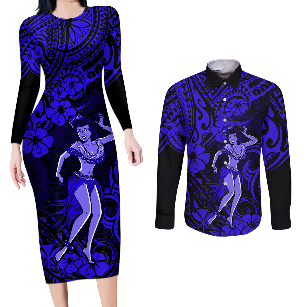 Hawaii Hula Girl Couples Matching Long Sleeve Bodycon Dress and Long Sleeve Button Shirts Polynesian Pattern Navy Blue Version LT01 Blue - Polynesian Pride