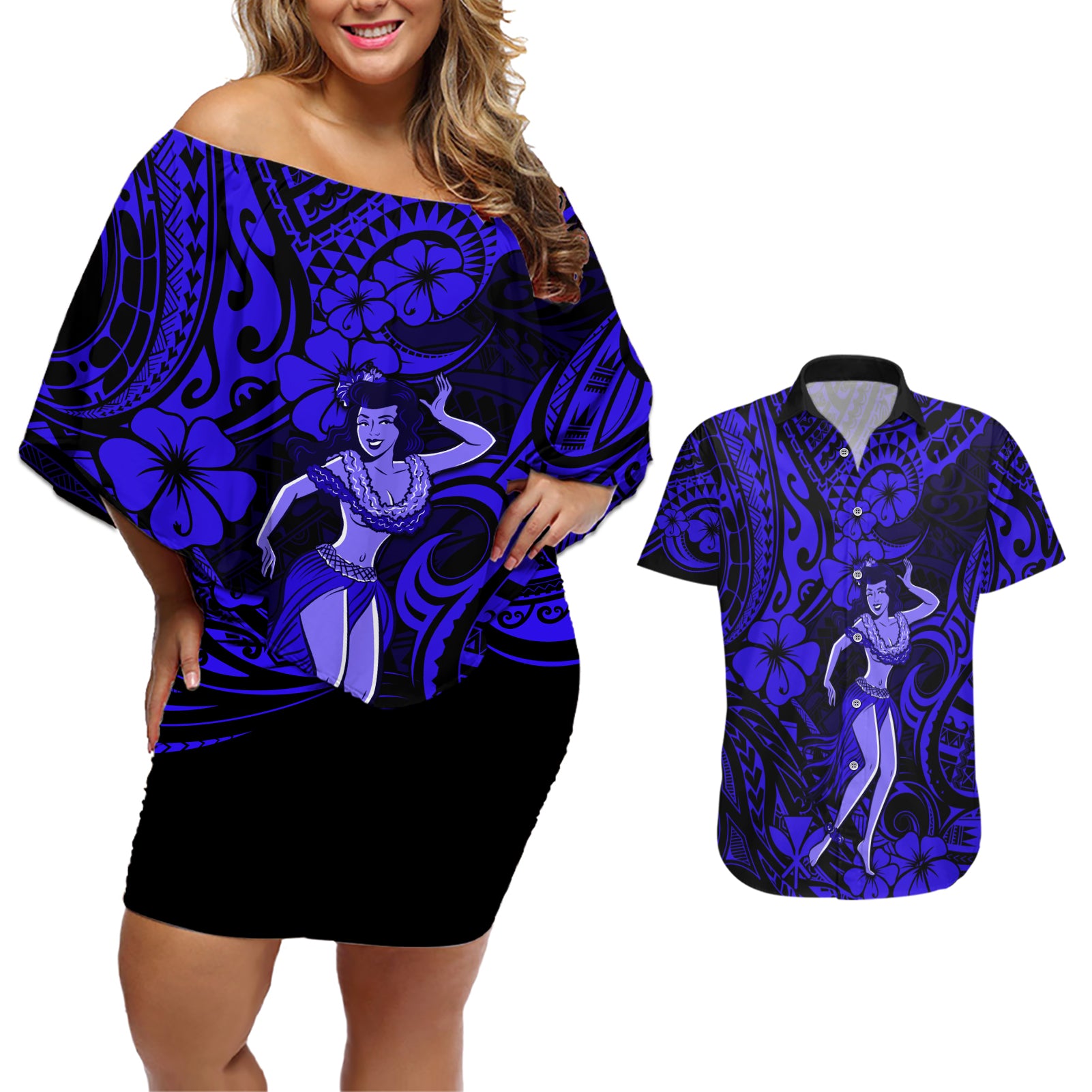 Hawaii Hula Girl Couples Matching Off Shoulder Short Dress and Hawaiian Shirt Polynesian Pattern Navy Blue Version LT01 Blue - Polynesian Pride