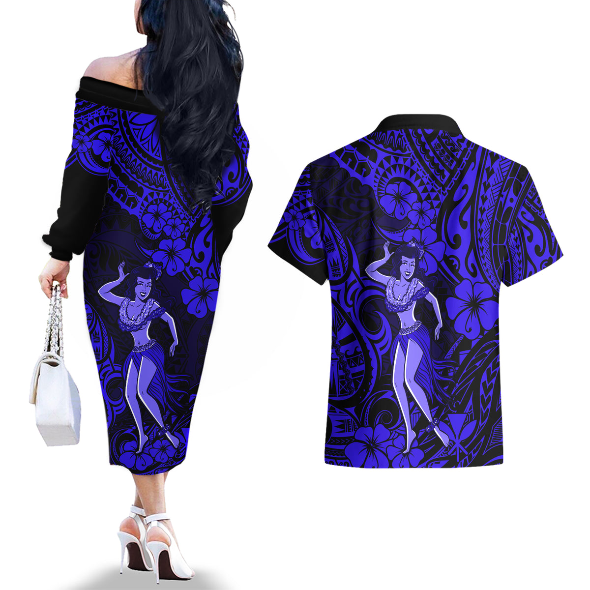 Hawaii Hula Girl Couples Matching Off The Shoulder Long Sleeve Dress and Hawaiian Shirt Polynesian Pattern Navy Blue Version LT01 - Polynesian Pride