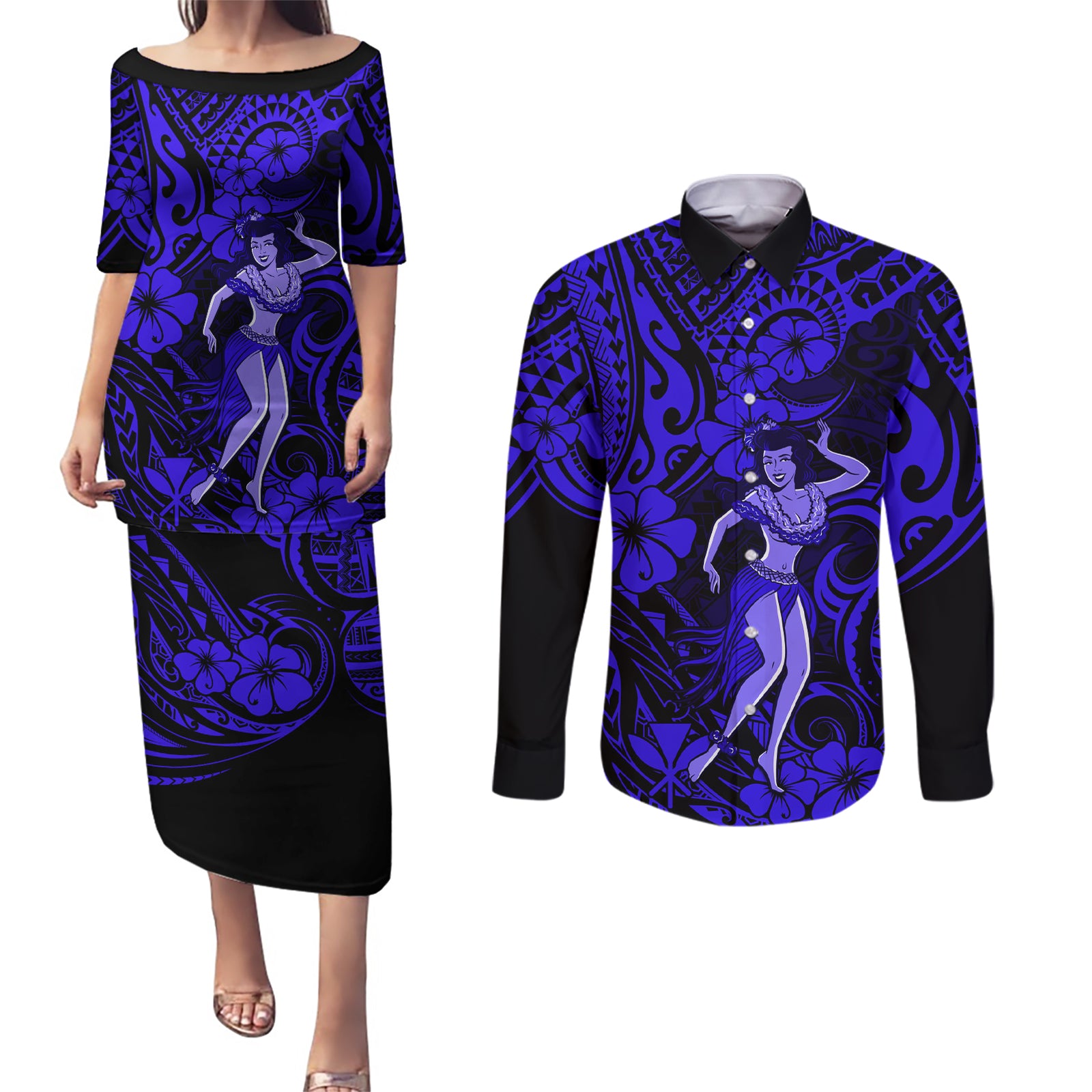 Hawaii Hula Girl Couples Matching Puletasi Dress and Long Sleeve Button Shirts Polynesian Pattern Navy Blue Version LT01 Blue - Polynesian Pride