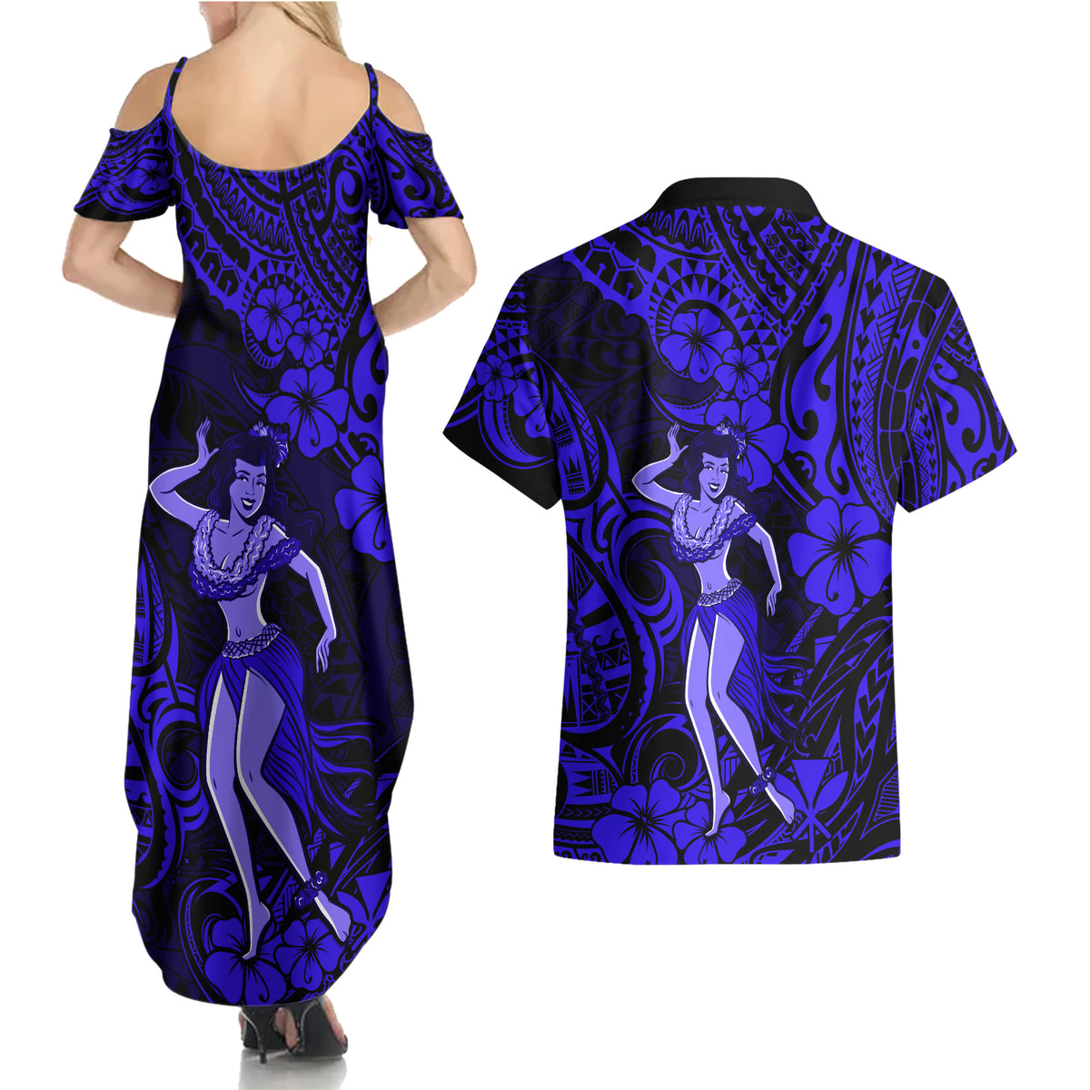 Hawaii Hula Girl Couples Matching Summer Maxi Dress and Hawaiian Shirt Polynesian Pattern Navy Blue Version LT01 - Polynesian Pride